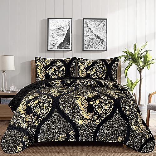 DJY Black Quilt Set California King Size, Boho Gold Damask Bedspread Coverlet Set Soft Lightweight Microfiber Luxury Bedding Set 3 Pieces for All Season (106x96)
