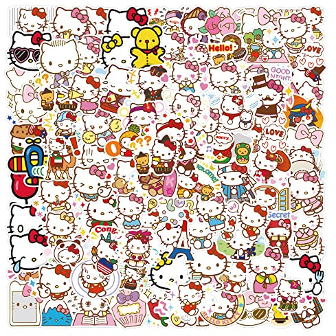 100pcs Hello Kitty Cute Stickers, Kawaii Sanrio Cartoon Waterproof Vinyl Decal for Teen Girl Kids Adult Laptop, Travel Case, Phone, Bike, Water Bottle, Guitar, Computer, Skateboard