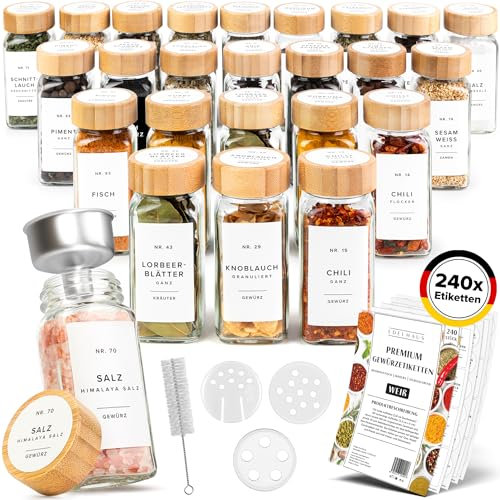 EDELHAUS Gewürzgläser Eckig Set mit Bambusdeckel (24 x 120ml) Gewürzstreuer mit Streueinsatz und 240 Etiketten Weiß - Holzdeckel Gewürzbehälter, Gewürzdosen, Gewürze organizer [11cm x 4,5cm]