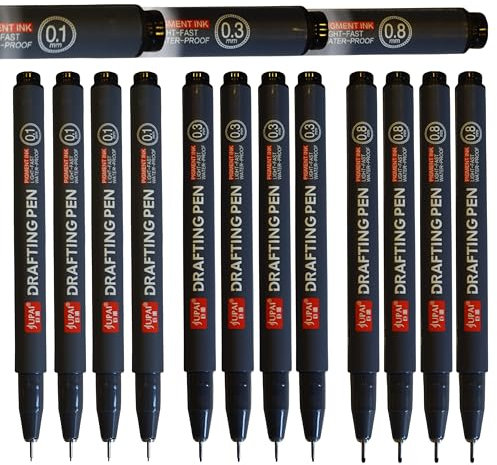 Inqzen 12er Fineliner-Stifte, XXL-Tintenkapazität, Filzstifte, Pigmentliner, Tintenstifte zum Zeichnen, wasserfester Marker, Handwriting-Stift (Wirtschaftssatz -12er（0,1/0,3/0,8）)