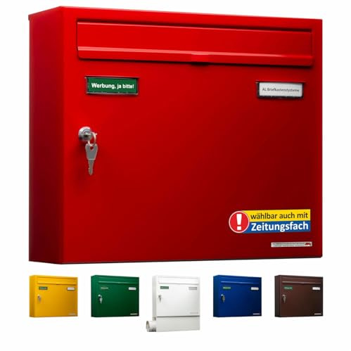 AL Briefkasten Systeme Basic 1er Briefkasten in RAL 3000 Feuerrot 1 Fach DIN A4 Postkasten wetterfest wasserdicht rostfrei Briefkastenanlage mit Posthaltebügel und 2 Namensschildern