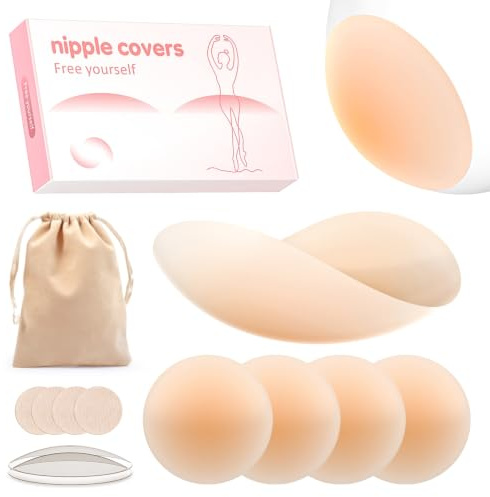 Septeamay 1/2/4 Pairs Silicone Nipple Covers Invisible for Women - Beige | Lightweight Pasties Nipple Cover, Reusable Adhesive Nipple Covers, Soft Breast Pads 8cm/3.15Inch for Backless Dress Party