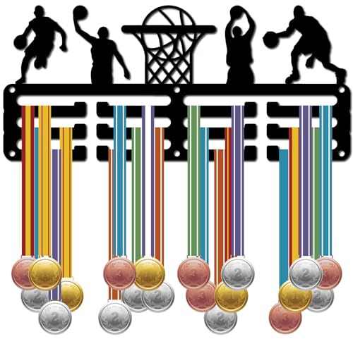 CREATCABIN Soporte Medallas Baloncesto Colgador Medallas Estante Colgar Premios Decoración Habitación Montada En Pared Diseño 3 línea Capacidad Más 60 medallas Regalo Atletas Baloncesto 29x13 cm