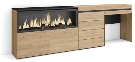 Skraut Home | Tocador | Dormitorio habitación | 234x75x35 cm | con cajón | Chimenea eléctrica XXL | Cómoda, Cajonera | Estilo Moderno | Roble