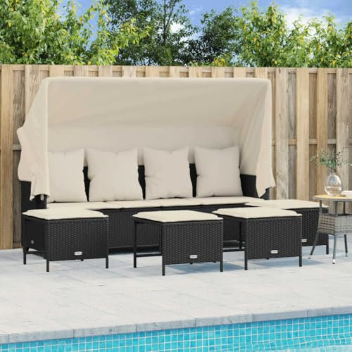 IKAYAA Gartensofa mit Sonnendach Liegefunktion Rattan Sofa 3 Sitzer mit Hocker Gartenbank Sitzbank Rattansofa Balkon Rattan Bank Lounge Sofa Outdoor Lounge Klein Balkonmöbel Couch mit Dach