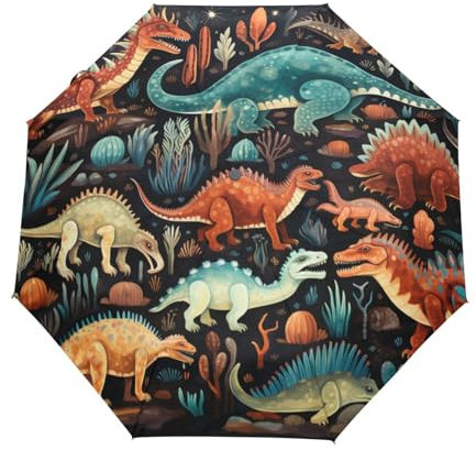 KAAVIYO Aquarellmalerei Cooler Dinosaurier Regenschirm Taschenschirm Auf-Zu Automatik Schirme Leicht UV-Schutz für Reise Jungen Mädchen Strand