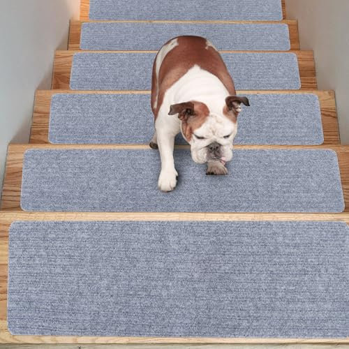Neulriscn Stair Treads Carpet 15 Pack, 20 x 76cm Non-Slip Stair Runners Indoor for Wooden Steps, Removable Washable Staircase Runner Mat Pads with Rubber Backing for Pets Kids Elders (Light Grey)
