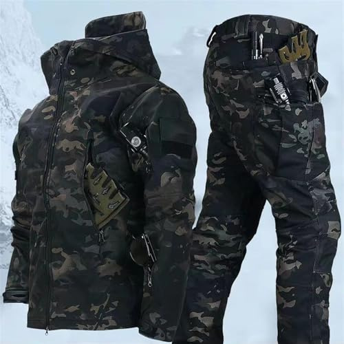 TAUIANE Taktische Jacke Mit Kapuze FüR Herren Set Aus Outdoor Tarnjacke Und Hose wasserdichte Softshelljacke Mit Mehreren ReißVerschlusstaschen Und Kapuze Angeln Jagen Klettern Wandern