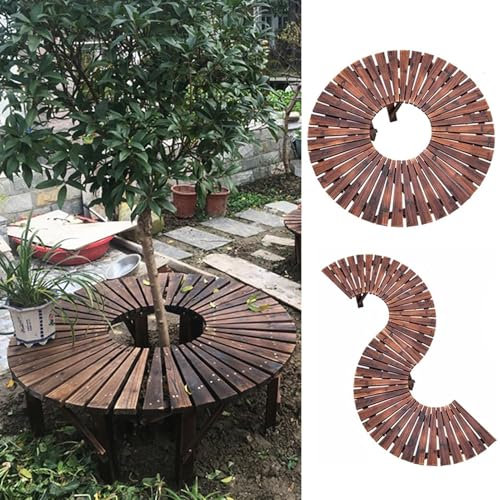 2 halbrunde Baumbänke für draußen, umlaufende Baumbänke/Gartendekoration/Pflanzenständer, Ruhebank-Sitzstuhl aus Massivholz