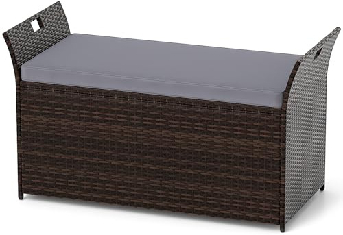COSTWAY Gartenbank mit Stauraum, Polyrattan Sitzbank mit Kissen & Seitengriffen, Auflagenbox, Kissenbox, Aufbewahrungsbox, Gartentruhe, Gartenbox, 2-Sitzer Balkonbank für Garten, Balkon, Terrasse