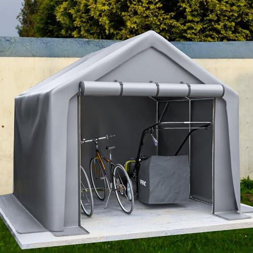 Casetta per attrezzi in acciaio, box da giardino con tetto inclinato e porta bloccabile, tenda per garage, 244 x 241 x 217 cm, grigio