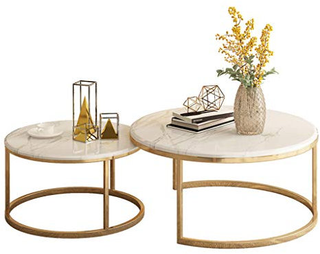 Runda soffbord i marmor - Elegant bo med 2 st med guldbas, staplingsbord för te, skrivbord - metall, elegant design