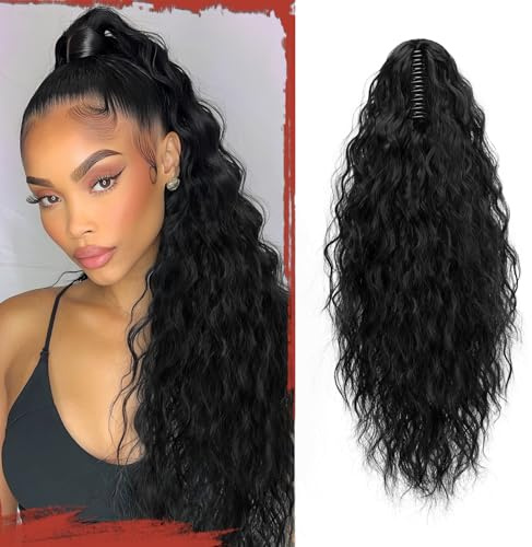 Sofeiyan Pferdeschwanz Haarteil mit Klammer, 56 cm Lang Wellig Lockigen Ponytail Extension Claw Clip in Synthetischen Haarverlängerung Zopf für Frauen，Schwarz