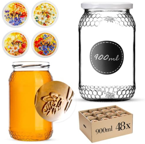 KADAX Lot de 48 Lot de bocaux de conservation pour miel 900 ml, bocaux en verre avec couvercle à visser fi82 mm, pour miel, confiture, épices, (Abeille colorée)