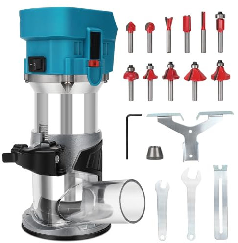 Akku Oberfräse für Makita 18V Batterie (Ohne Akku), 800W Bürstenloser Kantenfräse Einhandfräse Holztrimmer, mit 12 Stück Fräser Set, 6 Variable Geschwindigkeite