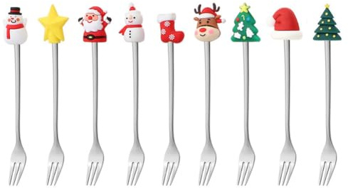 TMTGTS Set di posate natalizie, 7 pezzi dorate, posate da pranzo, forchette di Natale, forchette di Natale, forchette di frutta per dessert, insalata, frutta, torta, uso quotidiano, famiglia