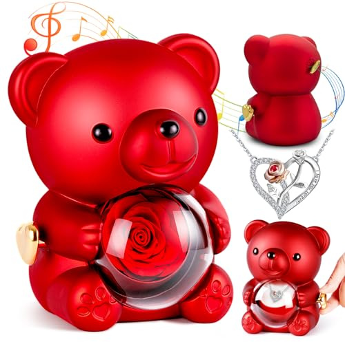 goldmiky Ewige Rose mit Spieluhr,Handkurbel Spieluhr Bär mit Kette und Rose | Rosen Teddybär für Frauen, Freundin Jahrestag, Geburtstag, Thanksgiving, Valentinstag, Weihnachten, Schulanfang