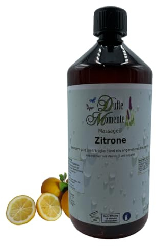 Dufte Momente Massageöl Zitrone – 1 Liter – Pflanzenölbasis mit ätherischem Zitronenöl – frisch & belebend – für Massage & Wellness – vegan & Made in Germany