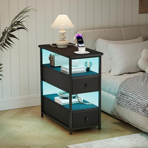 UnboxGermany Table de Chevet Moderne 4 Niveaux avec LED RGB, Prises EU, USB & Type-C, Tiroirs en Tissu, Pieds Antidérapants, Meuble de Nuit Multifonction pour Chambre ou Salon, Noir