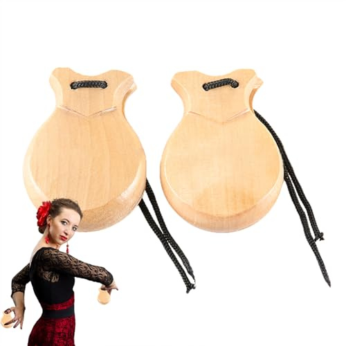 Spanische Kastagnetten – 2 Stück Holz-Fingerkastagnetten, klassisches | Handpercussion-Zubehör, elegantes Rhythmus-Werkzeug | 8,8 x 6,5 x 3 cm. Hochwertiges Klanginstrument aus Holz, komfortables G
