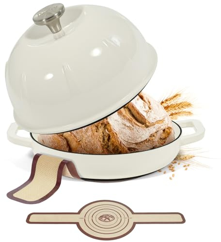 Davivy Forno olandese in ghisa smaltata per pane a lievitazione naturale, pentola olandese con coperchio a cupola, pentola per il pane in ghisa, con fionda per il pane, bianco