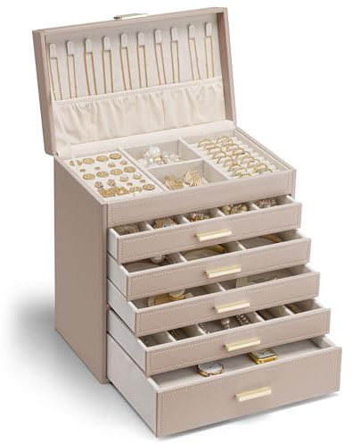 VLANDO 6-Tier Large Jewellery Box, Jewellery Organiser for Women | Gift for Women,for Sunglasses Watch Bracelet Ring Earring Necklace Bangle, with 5 Adjustable Drawers, PU Leather