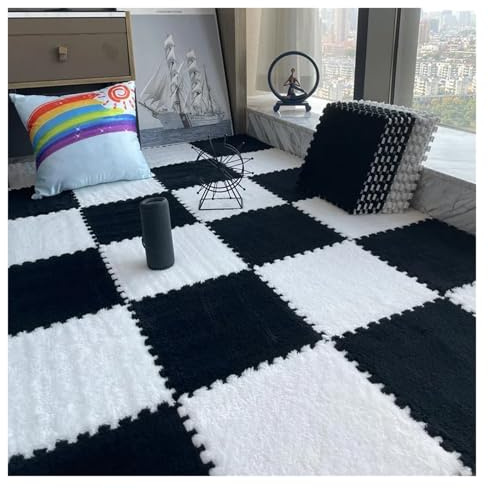 Alfombra de Felpa Suave Alfombra de Felpa Suave, Alfombra Rompecabezas Espuma Eva, alfombras cálidas, entrelazadas, Infantil 30 * 30 * 1cm(Black White,20Pcs)
