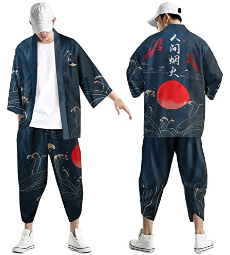 YOSUWOAI Kimono traditionnel pour homme - Costume ample yukata - Style japonais - Kimono imprimé traditionnel - Cardigan et pantalon - Veste fine - Cardigan japonais - Pantalon sarouel