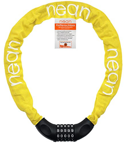 nean Fahrradschloss mit Zahlen, Kettenschloss hohe Sicherheitsstufe, Fahrradschloss Zahlenschloss mit Code, Fahrrad Schloss mit Kette aus gehärtetem Stahl, textilummantelt, gelb, 6 mm x 900 mm
