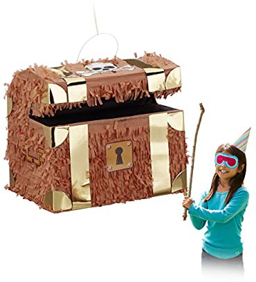 Relaxdays Pinata Schatzkiste, zum Aufhängen, Kinder, Mädchen, Jungs, Geburtstag, Befüllen, HxBxT: 27 x 30 x 23 cm, braun