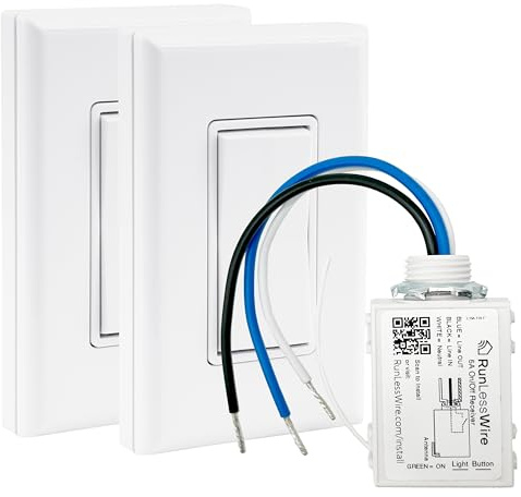 RunLessWire 3-Way Self-Powered Wireless Light Switch & Receiver Kit, No Wires, Batteries or WiFi Needed for DIY Home Electrical, 2 Remote Switches & 1 5amp Relay - White