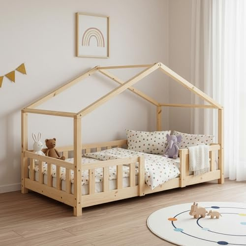[en.casa] Lit d'enfant Design en Forme Maison avec Grille de Protection Construction Solide Capacité de Charge 50 kg Bois de Pin Contreplaqué 140 x 70 cm Bois Naturel
