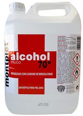 Alcohol etilico antiseptico con benzalconio 70° MONTPLET Envase 5 Litros. Etanol.Producto registrado.