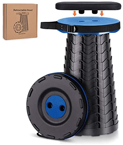 Hesanzol Sgabello pieghevole portatile con cuscino, di seconda generazione, mini sgabello telescopico leggero, per campeggio, pesca, barbecue, interni, cucina, carico 180 kg (blue)