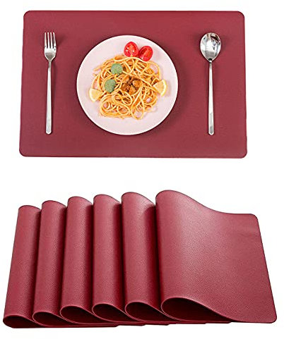 Tischsets aus Leder, waschbar, Rot, dickes Kunstleder, hitzebeständig, rechteckig, wasserdicht, rutschfest, leicht zu reinigen, Platzsets für Küche, Kaffee, Esszimmer, 6 Stück