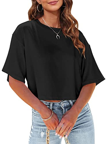 Tankaneo Women Half Sleeve Cropped T-Shirts Drop Shoulder Round Neck Crop Tops Casual Summer Solid Color Basic Tees
