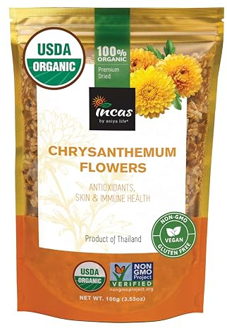INCAS 100% USDA Organic Chrysanthemum Tea 3.53 oz (100 g) Non GMO Verified Dried Flowers Caffeine Free Gluten Free Vegan Rich in Antioxidants Sourced from Thailand