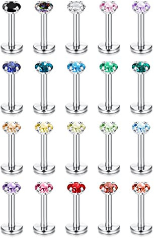 CASSIECA 16G 20Pcs Ohr und Helix Piercing Set - Silber Gold Chirurgenstahl für Conch, Nasen, Tragus, Lippen, Labret Studs 6/8/10mm für Frauen Männer