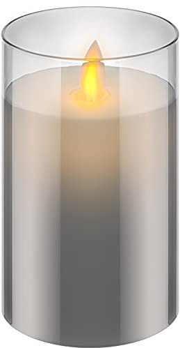 Bougie LED en cire véritable en verre fumé Ø7,5x12,5cm, minuterie