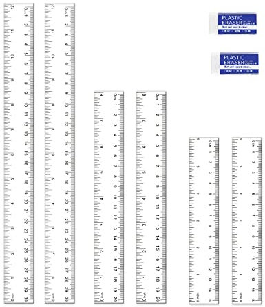 Kunststoff Lineal, 8 Stück Lineal Set Lineale aus Geradem Kunststoff, Transparentes Lineal Messgerät mit Zoll und Metrisch mit Zwei Radiergummis für Schule Büro Zuhause 15, 20, 30 cm (6, 8, 12 Zoll)