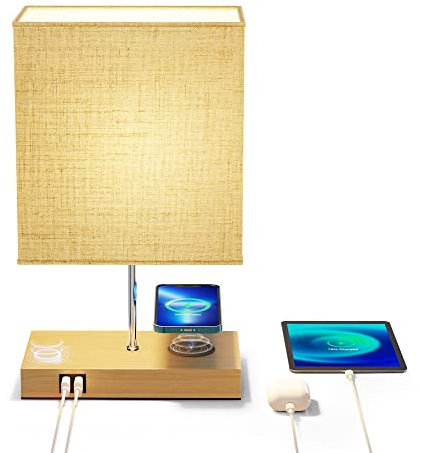 BokiHuk Lampe de Chevet Tactile 3 Intensité avec Chargeur Sans Fil 10W, 2 Ports de Charge USB, LED Lampes de Table Dimmable Grain de Bois E27 Moderne pour Chevet, Bureau, Salon, Chambre