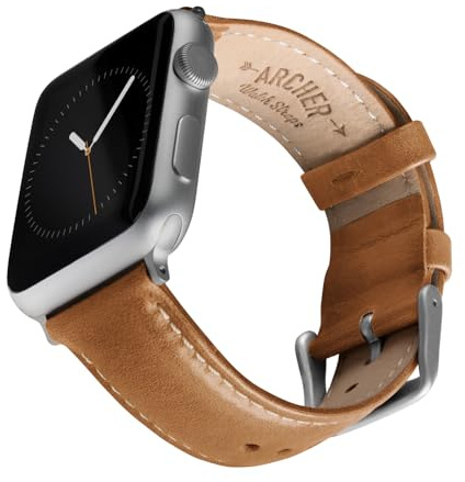 Archer Watch Straps - Klockarmband i Premiumläder för Apple Watch (Kamelbrun/Naturvit Tråd, Silver, 44/45/46/49mm)
