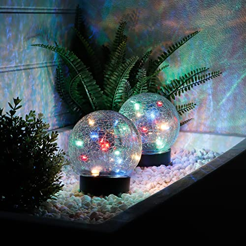 Gardenwize - Pack of 2 Solar Powered Crackle Ball Lights | 10 LED Multi-Coloured Bulbs | 12cm Diamater | Recharable Solar Battery, Automatic Light-Up | No Running Costs GW497