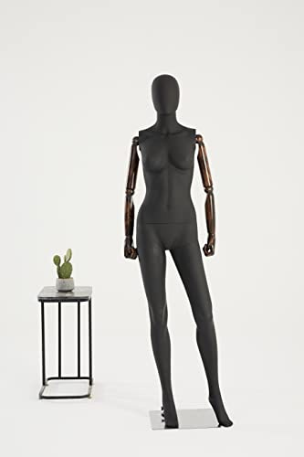 Eurotondisplay schwarz weibliche Schaufensterpuppe F11-8M Glanz bewegliche Arme und Hände aus Holz, Standplatte aus Edelstahl (HX-DF11-8M)
