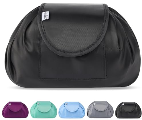 Lazy Drawstring Makeup Bags, Large Capacity Waterproof Travel Portable Cosmetic Bag Pouch Makeup Pouch Storage Organiser for Women Girl (Light Black)