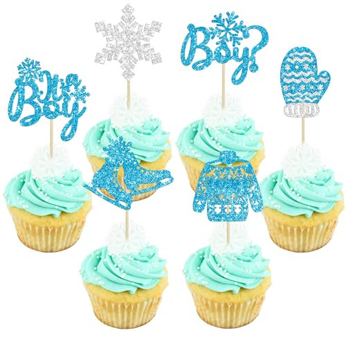 Cupcake-Topper mit Schneeflocken-Motiv, glitzernde Handschuhe, Pullover, Winter, Eiskönigin, Cupcake-Picks, Wunderland, Jungen, Geburtstag, Babyparty, Kuchendekoration, Partyzubehör, Blau, 24 Stück