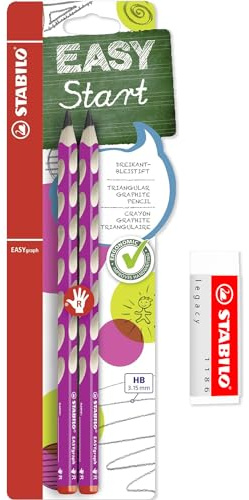 STABILO EASYgraph Handschrift-Bleistift, HB + Legacy-Radiergummi, für Rechtshänder, Rosa, 2 Stück