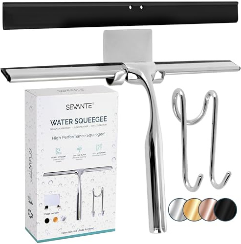 SEVANTE Rasqueta limpiacristales de 24,5 cm - Limpiacristales de metal para ventanas - Accesorios de baño - Rasqueta para ducha con soporte - Limpiacristales para ducha, vidrio y espejos