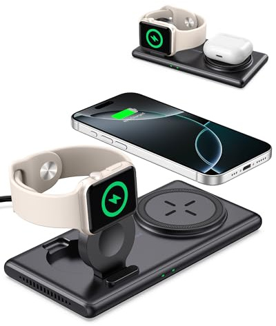 Caricabatterie Wireless Magnetico per iPhone, Stazione di Ricarica 2 in 1 per iPhone 17e/Air/17 Pro/17 Pro Max/17/16/15/14/13/12, Supporto di Ricarica per Apple Watch 11/Ultra 3/SE 3/9/8/7/6 e Airpods