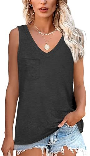 NONSAR Camiseta básica de verano sin mangas para mujer. Camiseta elástica con cuello en V y bolsillo, camiseta interior cómoda de estilo informal, Negro , S